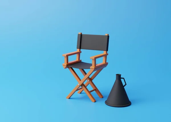 青を基調とした演出家の椅子とメガホン 映画産業の概念 映画制作デザインのコンセプト 3Dレンダリング図 — ストック写真
