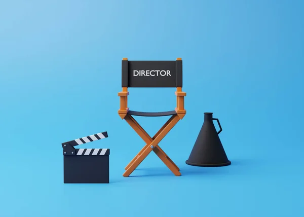 青い背景に理事長 クラッパーボード メガホン 映画産業の概念 映画制作デザインのコンセプト 3Dレンダリング図 — ストック写真