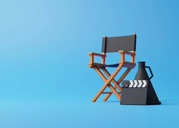 Καρέκλα Διευθυντή Γυψοσανίδα Και Μεγάφωνο Μπλε Φόντο Έννοια Κινηματογραφικής Βιομηχανίας — Φωτογραφία Αρχείου