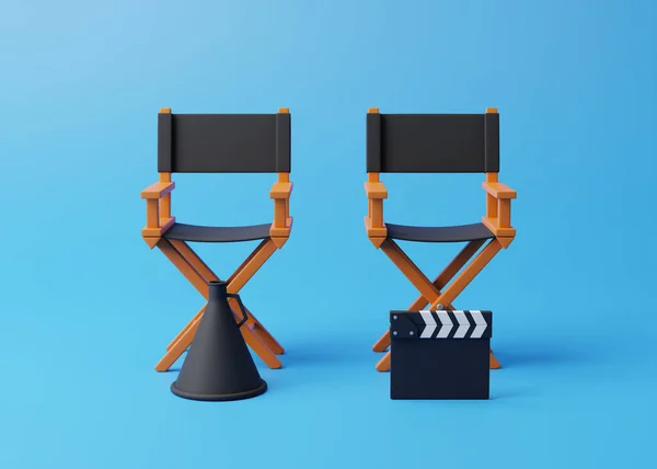 Director Chair Clapperboard Megaphone Blue Background Movie Industry Concept Cinema — Stock Photo, Image