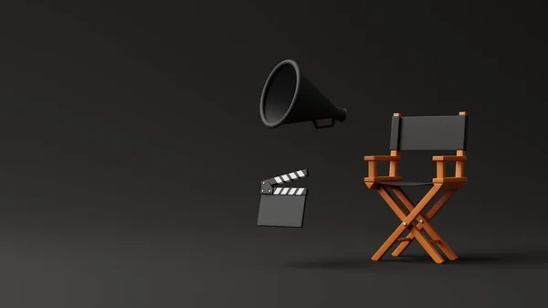 Director chair, clapperboard and megaphone on black background. Movie industry concept. Cinema production design concept. 3d rendering illustration