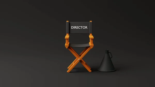 Cadeira Diretora Megafone Sobre Fundo Preto Conceito Indústria Cinematográfica Conceito — Fotografia de Stock