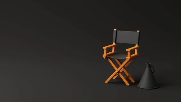 stock image Director chair and megaphone on black background. Movie industry concept. Cinema production design concept. 3d rendering illustration