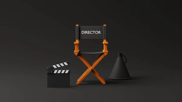 Rendező Elnök Vágódeszka Hangosbeszélő Fekete Háttérrel Filmipar Koncepciója Mozigyártás Koncepció — Stock Fotó