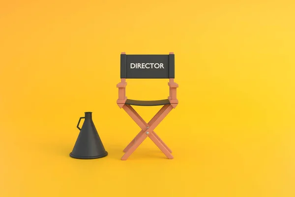 Cadeira Diretora Megafone Fundo Amarelo Conceito Indústria Cinematográfica Conceito Design — Fotografia de Stock