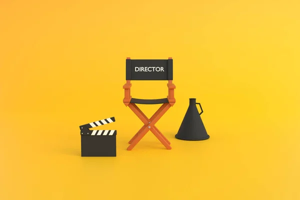 Diretor Cadeira Aplauso Megafone Fundo Amarelo Conceito Indústria Cinematográfica Conceito — Fotografia de Stock