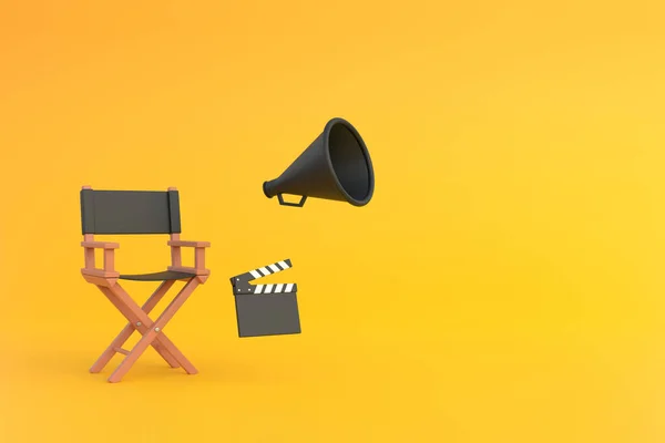 Director Chair Clapperboard Megaphone Yellow Background Movie Industry Concept Cinema — Stock Photo, Image