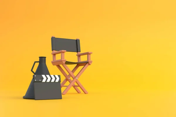 黄色の背景に取締役会長 クラッパーボードとメガホン 映画産業の概念 映画制作デザインのコンセプト 3Dレンダリング図 — ストック写真
