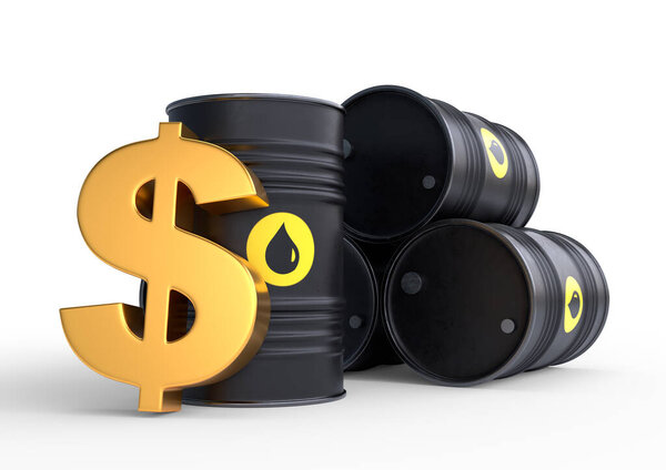 Barrel of oil and golden dollar sign on a white background. Oil prices inflation. 3D rendering illustration