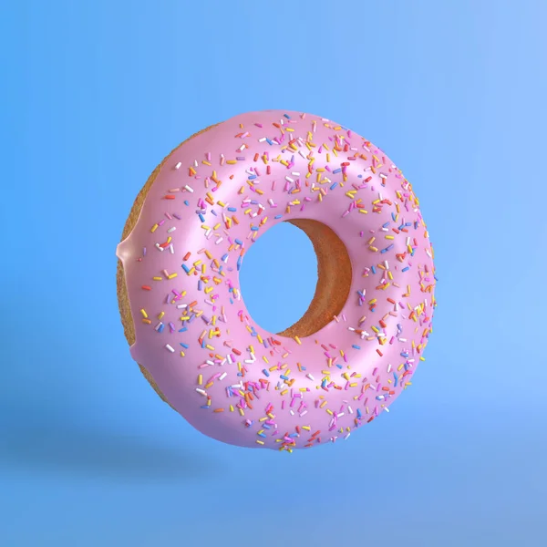 粉红甜甜圈蓝色背景 最小的创意概念 3D渲染说明 — 图库照片