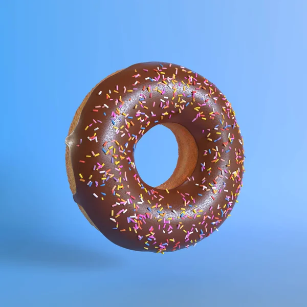 蓝色背景的巧克力甜甜圈 最小的创意概念 3D渲染说明 — 图库照片