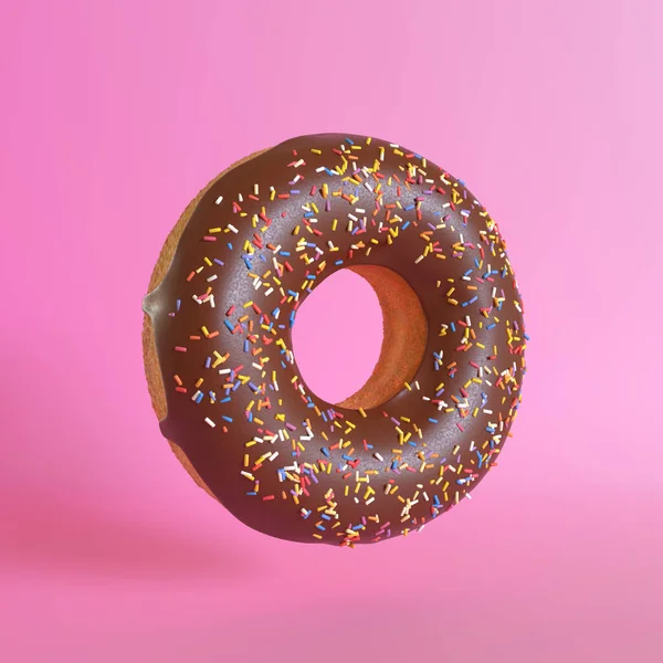 粉红背景的巧克力甜甜圈最小的创意概念 3D渲染说明 — 图库照片