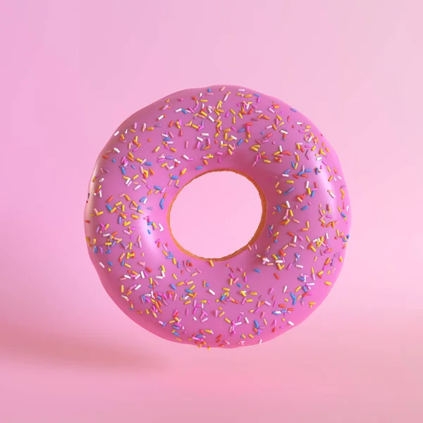 粉色背景的粉红甜甜圈 最小的创意概念 3D渲染说明 — 图库照片