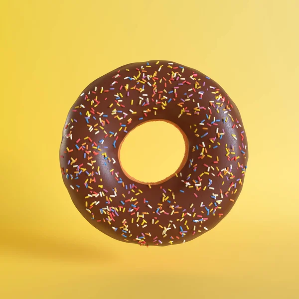 黄色背景的巧克力甜甜圈 最小的创意概念 3D渲染说明 — 图库照片