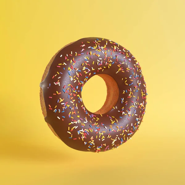 Donut Chocolate Sobre Fondo Amarillo Concepto Creativo Mínimo Ilustración Renderizado —  Fotos de Stock