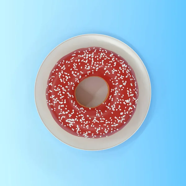 Donut Auf Einem Teller Auf Blauem Hintergrund Blick Von Oben — Stockfoto