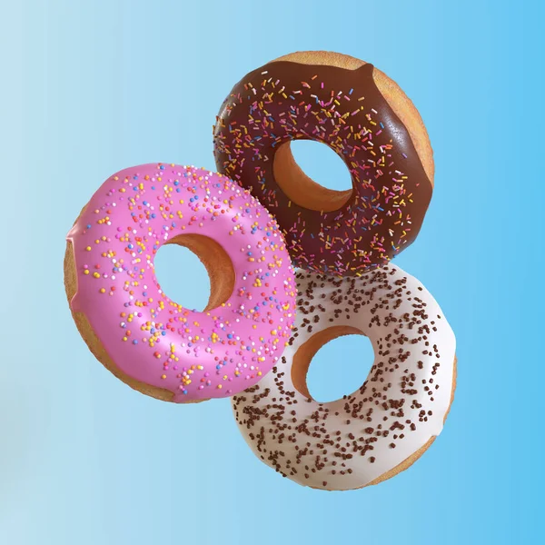 Different Donuts Fly Blue Background Minimal Concept Render Illustration — Stock Photo, Image
