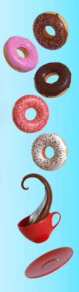 Verschillende Donuts Koffie Vliegen Een Blauwe Achtergrond Minimaal Concept Illustratie — Stockfoto
