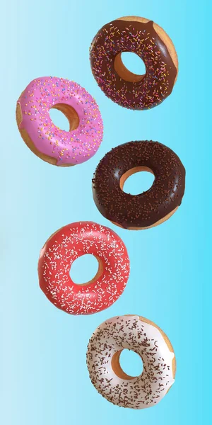 Verschiedene Donuts Fliegen Auf Blauem Hintergrund Minimales Konzept Darstellung — Stockfoto