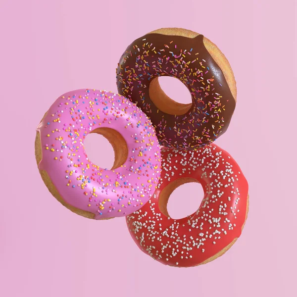 Verschiedene Donuts Fliegen Auf Rosa Hintergrund Minimales Konzept Darstellung — Stockfoto