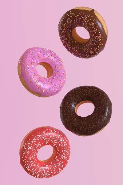 Verschiedene Donuts Fliegen Auf Rosa Hintergrund Minimales Konzept Darstellung — Stockfoto