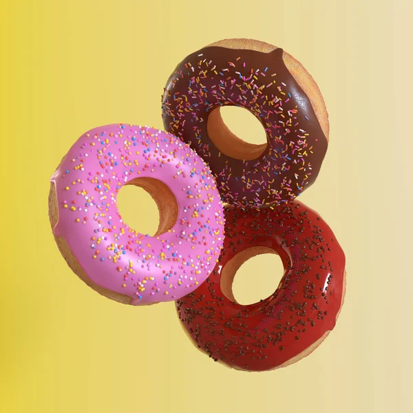 Donuts Diferentes Voam Fundo Amarelo Conceito Mínimo Renderizar Ilustração — Fotografia de Stock