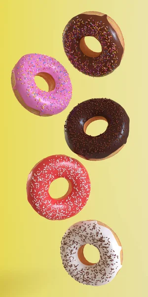 Verschiedene Donuts Fliegen Auf Gelbem Hintergrund Minimales Konzept Darstellung — Stockfoto