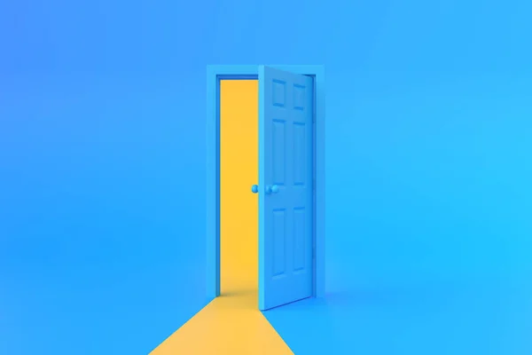 青い背景の部屋の開口部のドアを通って黄色の光 建築設計要素 最小限の創造的な概念 3Dレンダリング3Dイラスト — ストック写真