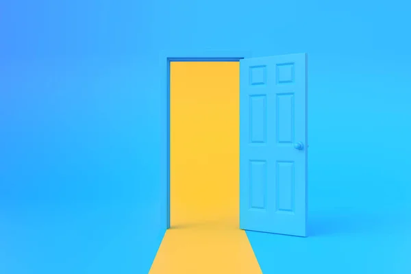 黄色的灯在蓝色的背景室里穿过敞开的门 建筑设计元素 最小的创意概念 3D渲染3D插图 — 图库照片