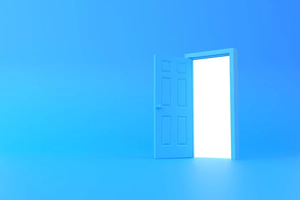 Mavi Arka Plan Odasındaki Açık Bir Kapıdan Beyaz Işık Parlıyor — Stok fotoğraf