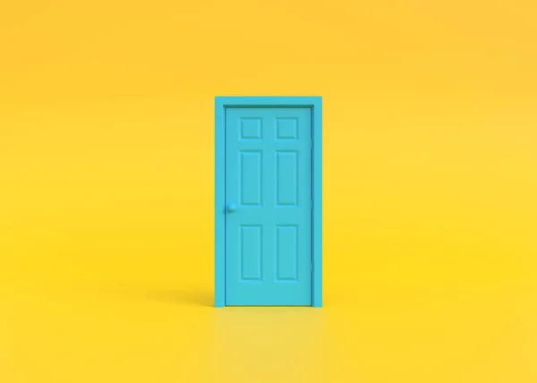 Закрытая Синяя Дверь Комнате Желтом Фоне Элемент Архитектурного Дизайна Минимальная — стоковое фото