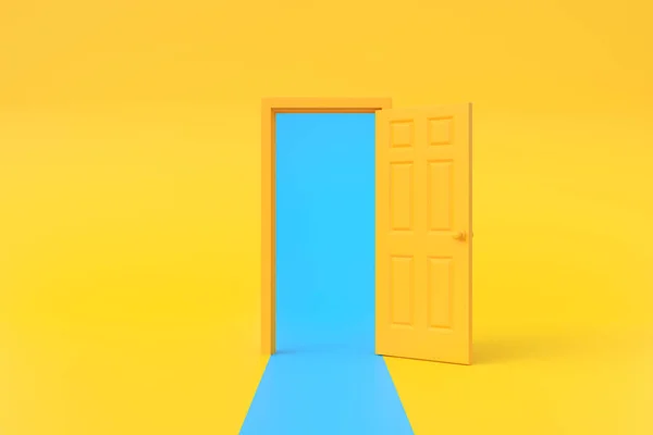 Luz Azul Atravessando Porta Abertura Sala Fundo Amarelo Elemento Design — Fotografia de Stock