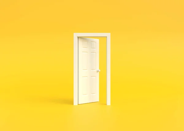 Open white door in a room with a yellow background. Architectural design element. Minimal creative concept. 3d rendering 3d illustration
