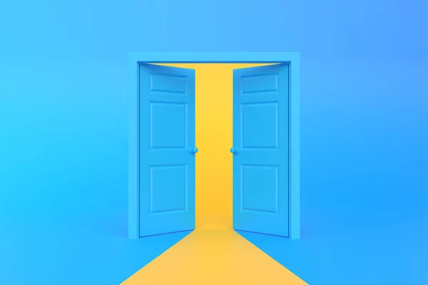 Yellow Light Going Opening Doors Blue Background Room Architectural Design — Stock Photo, Image