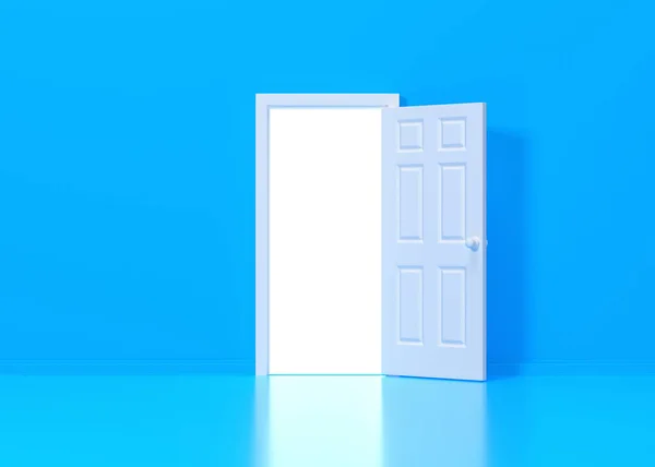 青い背景の部屋のオープンドアから白い光が輝きます 建築設計要素 最小限の創造的な概念 3Dレンダリング3Dイラスト — ストック写真