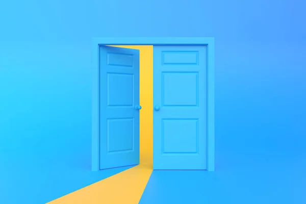 Gelbes Licht Geht Durch Die Sich Öffnenden Türen Blauen Hintergrundraum — Stockfoto