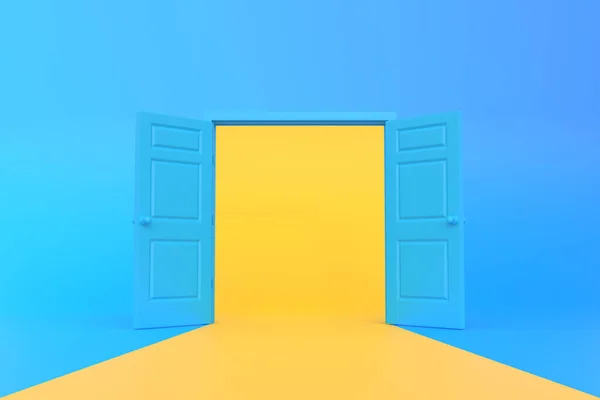 Yellow Light Going Opening Doors Blue Background Room Architectural Design — Stock Photo, Image