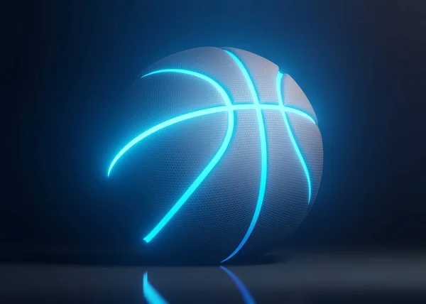 Bola Basket Dengan Lampu Neon Biru Futuristik Menyala Pada Latar — Stok Foto