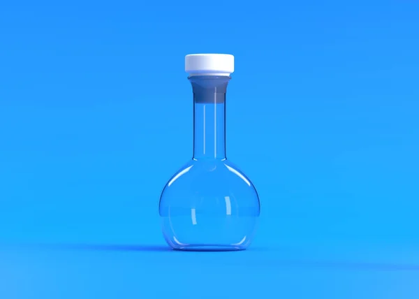 青い背景に空のフラスコ 化学フラスコ 研究室用ガラス製品 最小限のコンセプト 3Dレンダリング図 — ストック写真