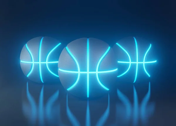 コピースペースのある暗い背景に未来的なブルーのネオンが輝くバスケットボール 3Dレンダリング図 — ストック写真