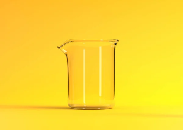 黄色の背景に空のビーカー 化学フラスコ 研究室用ガラス製品 最小限のコンセプト 3Dレンダリング図 — ストック写真