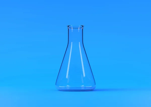 Mavi Arka Planda Boş Erlenmeyer Şişesi Kimya Şişesi Laboratuvar Camları — Stok fotoğraf