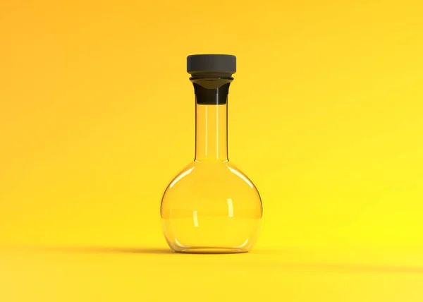 Lege Kolf Gele Achtergrond Scheikundekolf Laboratoriumglaswerk Apparatuur Minimaal Concept Weergave — Stockfoto