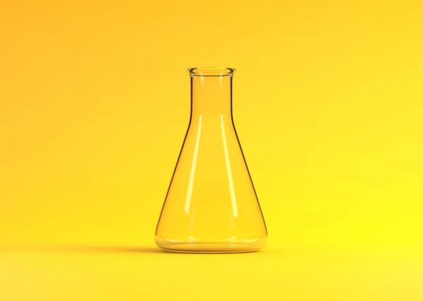 黄色の背景に空の消しゴムフラスコ 化学フラスコ 研究室用ガラス製品 最小限のコンセプト 3Dレンダリング図 — ストック写真