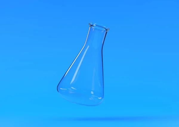 Frasco Erlenmeyer Vacío Vuela Sobre Fondo Azul Matraz Químico Cristalería —  Fotos de Stock