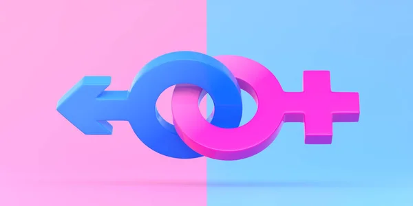 Símbolos Masculinos Femininos Unidos Fundo Rosa Azul Brilhante Cores Pastel — Fotografia de Stock