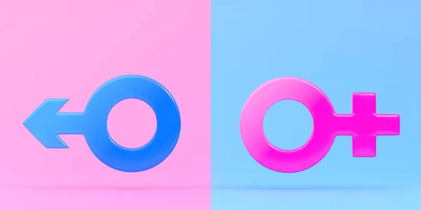 Símbolos Masculinos Femininos Sobre Fundo Rosa Azul Brilhante Cores Pastel — Fotografia de Stock