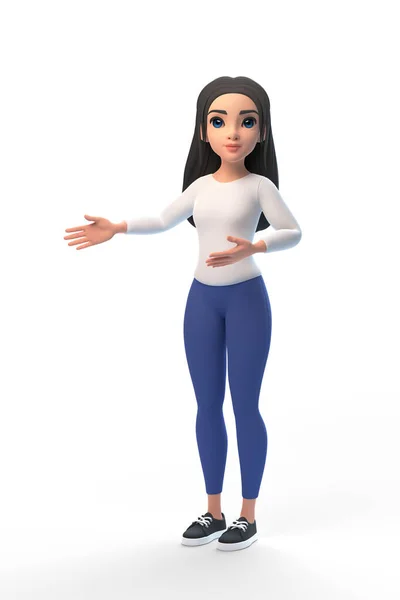 白いセーターとジーンズを着た漫画の少女が白い背景に隔離されています 最小限のスタイルで女性 人物イラスト 3Dレンダリング — ストック写真