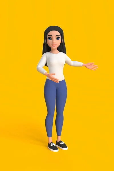 黄色の背景に白いセーターとジーンズの漫画の若い女の子 最小限のスタイルで女性 人物イラスト 3Dレンダリング — ストック写真