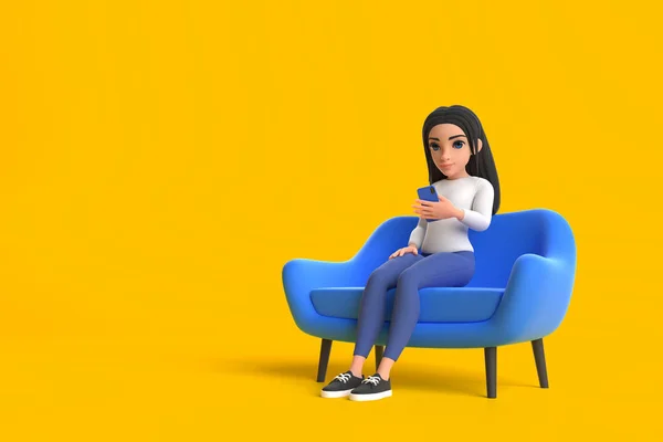 白いセーターとジーンズの漫画の面白いかわいい女の子は黄色の背景に彼女の手の中に電話でアームチェアに休んでいます ミニマルなスタイルの女性 人物イラスト 3Dレンダリング — ストック写真